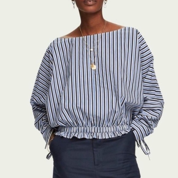 SCOTCH & SODA A La Plage Maison Scotch  Roushed Sleeve Boat Neck Cinch Waist Top - Picture 1 of 13